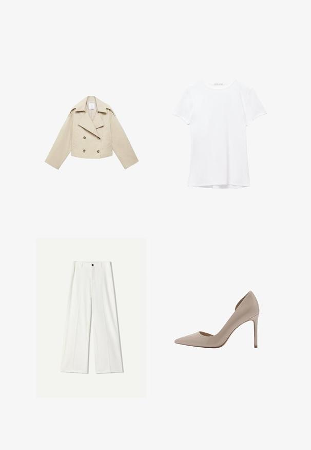 Beige cropped dobbeltbrystet jakke lavet af bomuld. Har store knapper, to frontlommer og en bred revers med åben krave.; Hvid kortærmet t-shirt lavet af glat stof, med rund halsudskæring og diskrete syninger ved kanten.; Hvide bukser med bred ben i glat stof, der har en front knaplukning og plisserede detaljer. Flad frontdesign, ingen synlige lommer.; Beige patenteret læder højhælet pumpe med spidse tæer, lavudskårne sider og en slank hæl. Glat struktur med en blank finish.