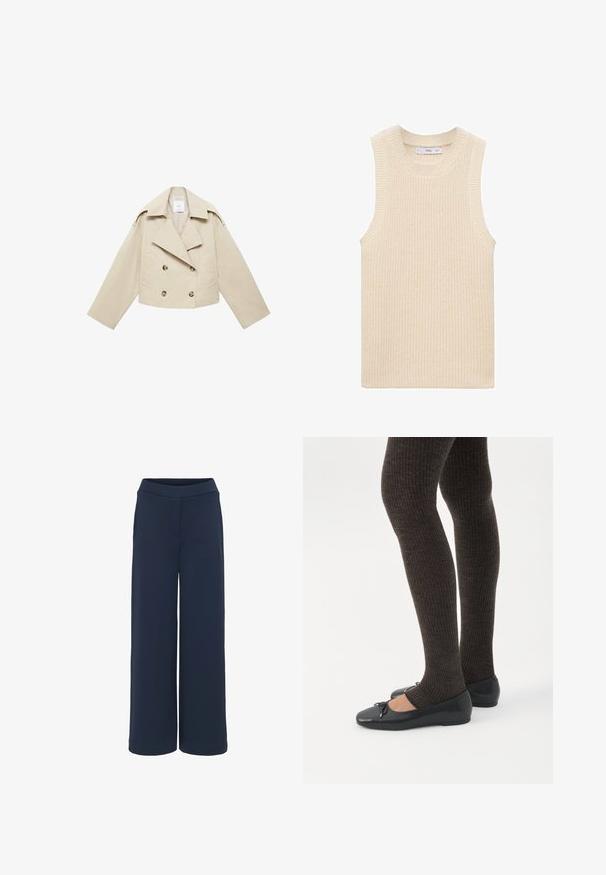 Beige cropped dubbele-breasted jas van katoen. Bevat grote knopen, twee voorkruiszakken en een brede revers met een open kraag.; Gehaakte mouwloze top in ivoor, met een geribbelde textuur, brede halslijn en een strak, minimalistisch ontwerp zonder zichtbare sluitingen.; Navy wijde broek gemaakt van zachte stof, met een naadloze tailleband en zijzakken, met een schone en eenvoudige uitstraling.; Benen met donkere geribbelde leggings gecombineerd met zwarte ballerina's met kleine strikdetails op een witte achtergrond.