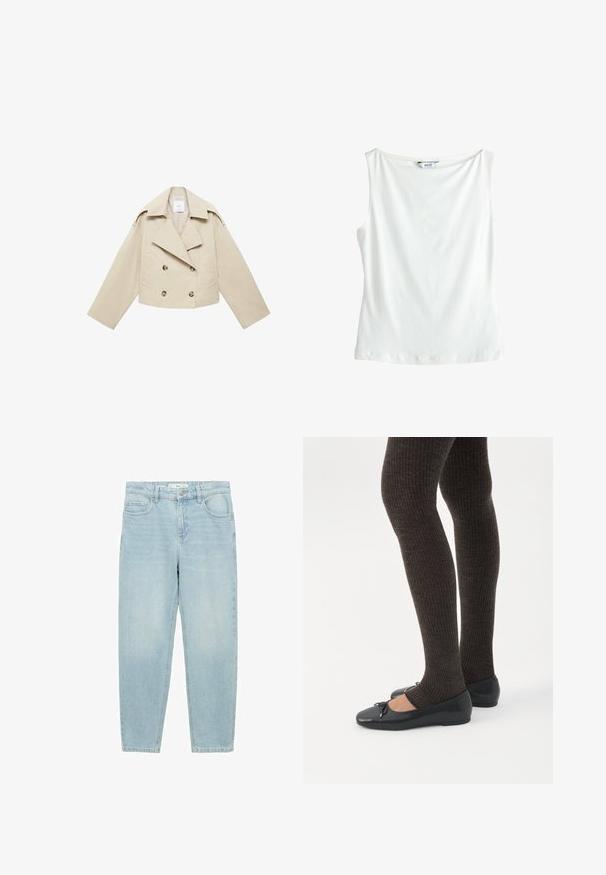 Beige skrátená dvojradová bunda vyrobená z bavlny. Obsahuje veľké gombíky, dve predné vrecká a široký klop, ktorý má otvorený golier.; Biely bavlnený top bez rukávov s lodičkovým výstrihom a malou značkou "NEXT" na zadnom golieri.; Svetlomodré džínsy s priamym strihom, dizajn s piatimi vreckami, predné zapínanie na gombík a mierne vyblednutá textúra.; Nohy v tmavých pásikavých legínach v kombinácii s čiernymi balerínkami s malými mašličkami na bielom pozadí.