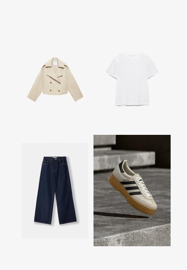 Beige abgeschnittene Double-Breasted-Jacke aus Baumwolle. Verfügt über große Knöpfe, zwei Fronttaschen und einen breiten Revers mit offenem Kragen.; Unifarbenes weißes T-Shirt mit kurzen Ärmeln und Rundhalsausschnitt, gerader Saum, dargestellt auf weißem Hintergrund.; Dunkelblaue Jeans mit weitem Bein, vorderer Knopf- und Reißverschluss, vorderen Taschen und Gürtelschlaufen, flach auf weißem Hintergrund ausgelegt.; Beige Wildleder-Sneaker mit schwarzen Streifen, weißen Schnürsenkeln und einer Gummisohle in Karamellfarbe. Mit "SPEZIAL" Schriftzug an der Seite.