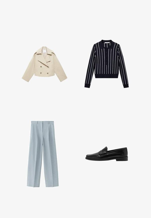 Beige cropped double-breasted jacket made of cotton. Features large buttons, two front pockets, and a wide lapel with an open collar.; Navy long-sleeve polo shirt featuring white vertical stripes, a collared neckline, and a button-down front. Fitted silhouette with ribbed cuffs.; Light blue pinstriped tailored trousers with belt loops, side pockets, and a front zipper fly.; Mango Slip-ons - black