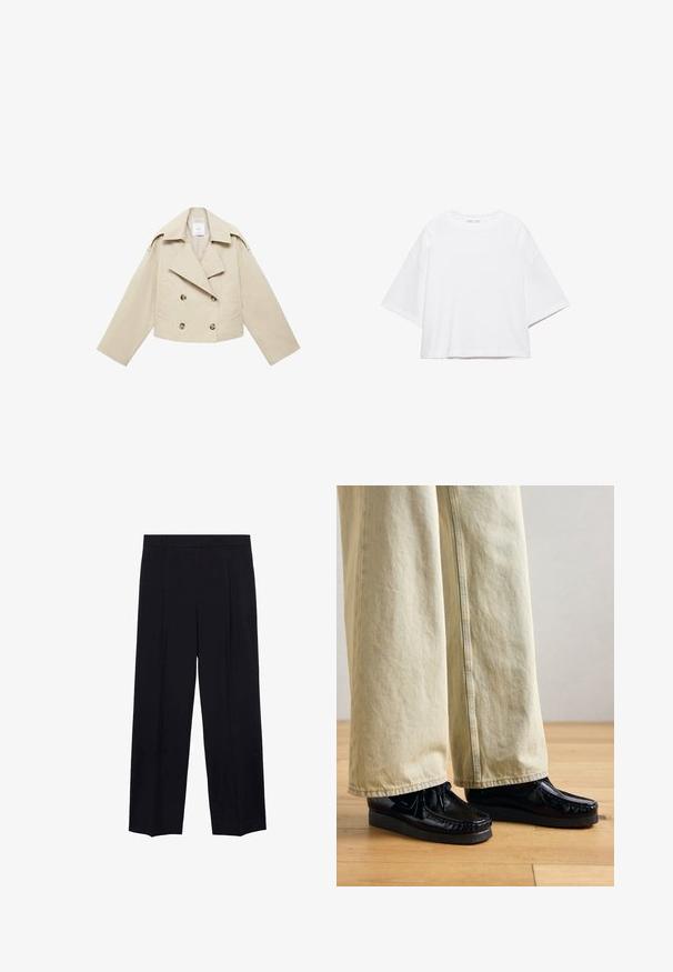 Beige cropped dobbeltbrystet jakke lavet af bomuld. Har store knapper, to frontlommer og en bred revers med åben krave.; Hvid, kortærmet, løs t-shirt lavet af blød bomuld. Har rund halsudskæring og brede ærmer, med et rent, enkelt design.; Sorte vidde bukser med glat stof, to frontfolder, en talje og en lige pasform uden synlige pynt.; Sorte patenterede lædersko med en tekstureret platformssål, der har snørebåndsdesign og sy detaljer. Båret med lysebeige brede bukser.
