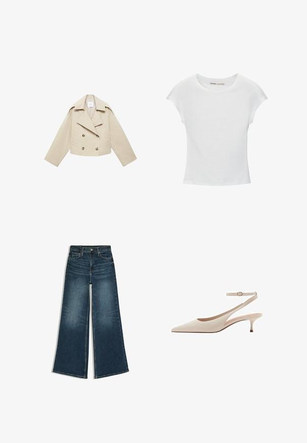 Beige cropped dobbeltbrystet jakke lavet af bomuld. Har store knapper, to frontlommer og en bred revers med åben krave.; Hvid bomuld t-shirt med korte, opsmøgede ærmer, rund halsudskæring og lige kant. Glat tekstur uden synlige mønstre eller detaljer.; Blå vidde jeans med knapper foran og lommer, lagt fladt på en hvid baggrund.; Spids-tået beige slingback pump med en slank hæl og justerbar ankelrem. Glat tekstur med minimalistisk design og ingen synlige mønstre.