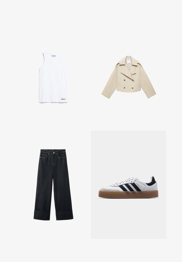 Beige cropped dubbele-breasted jas van katoen. Bevat grote knopen, twee voorkruiszakken en een brede revers met een open kraag.; Witte tanktop gemaakt van katoen. Voorzien van brede schouderbanden en een ronde halslijn. Inclusief een klein merkje aan de onderkant links.; Wijde donkere denim jeans met omgeslagen zoom, voorzakken en contrasterende stiksels. Gemaakt van stevig denimkatoen voor duurzaamheid.; Witte leren sneakers met zwarte strepen, gumrubberen buitenzool, ronde neus, vetersluiting en een zachte grijze suède neuskap.