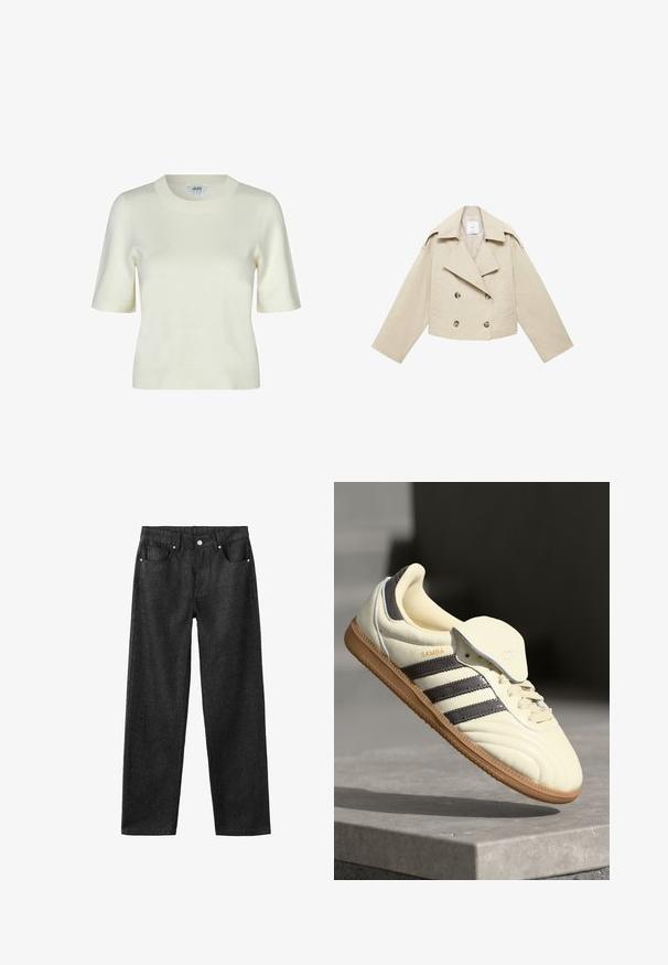 Beige cropped dobbeltbrystet jakke lavet af bomuld. Har store knapper, to frontlommer og en bred revers med åben krave.; Strikket kortærmet sweater i off-white med rund halsudskæring og en glat, blød tekstur. Enkel og klassisk design.; Sorte denimbukser med lige ben, der har fem lommer, sølvhardware og en glat tekstur.; Cremefarvede lædersneakers med tre mørke striber, en brun gummisål og en afrundet tå. Har en foldbar tunge mærket "SAMBA."