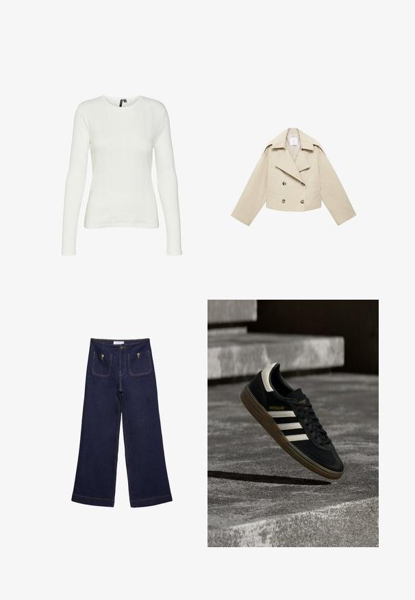 Beige cropped dobbeltbrystet jakke lavet af bomuld. Har store knapper, to frontlommer og en bred revers med åben krave.; Hvid langærmet skjorte med rund halsudskæring. Stoffet har et struktureret mønster med lodrette linjer og ribbede detaljer.; Mørkeblå denim brede bukser med to frontlommer, synlig syning og knaplukning. Har en lige pasform og flagrende kant.; Sort Adidas-sneaker med hvide striber og gummisåler, svævende over grå betontrapper i naturligt lys.