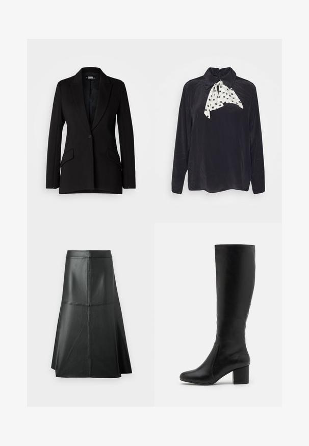 Schwarzes Blazer mit strukturiertem Design, Reverskragen, Ein-Knopf-Verschluss, zwei Seitentaschen und glatter Stoffstruktur.; Lily & Lionel JUDE - Bluse - black; Schwarzer Leder-A-Linie-Rock, glatte Textur, midi-länge, mit horizontalen Nähten am Bund und den Nähten für zusätzliche Struktur.; Knielange schwarze Lederstiefel mit glatter Textur, abgerundeter Zehenpartie, Seitenpaneel und einem massiven Blockabsatz.