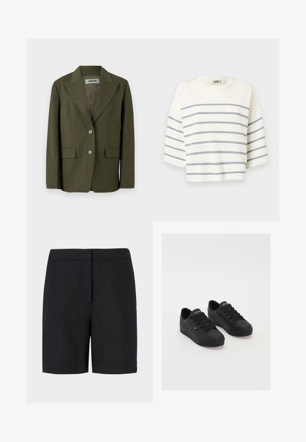Oliven grøn blazer med lodrette striber, klapkrave, to-knaps lukning og påsyede lommer. Blødt stof med en struktureret form.; Hvid cropped top lavet af ribbet stof, med vandrette grå striber og korte ærmer. Rund halsudskæring uden udsmykninger.; Sorte shorts lavet af letvægtsstof, med en klassisk lige pasform, minimalisk design og uden synlige metaldele eller mønstre.; Sorte lavtop sneakers lavet af glat materiale, med tykke snørebånd, en struktureret sål og et lille logo på siden og tungen.