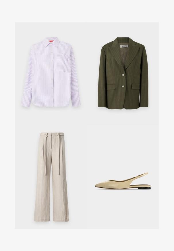 Oliven grøn blazer med lodrette striber, klapkrave, to-knaps lukning og påsyede lommer. Blødt stof med en struktureret form.; Lys lilla skjorte med knapper og lodrette striber, enkelt brystlomme og krave. Har lange ærmer med brede manchetter og et diskret logo.; Bredbeinede bukser i lyse beige linned med høj talje, frontplisseringer og en bundet bælte detalje. Glat tekstur og afslappet pasform.; Beige spids tå slingback flad sko med lav sort hæl og en glat læderfinish, vist fra siden på en ensfarvet baggrund.