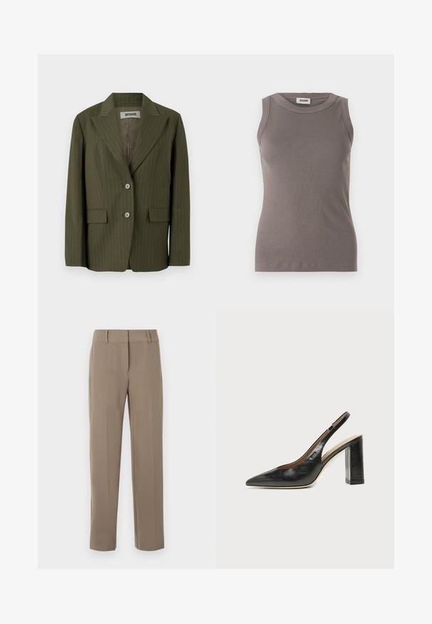 Blazer de color verde oliva con rayas verticales, solapas con muesca, cierre de dos botones y bolsillos de parche. Tejido suave con una forma estructurada.; Top de tirantes gris con cuello redondo y diseño sin mangas, confeccionado en una suave tela texturizada. Silueta simple y ajustada.; Pantalones caqui de pierna recta con trabillas para cinturón y cierre frontal de cremallera sobre fondo blanco.; Zapato slingback de piel negra con puntera puntiaguda, tacón alto y ancho, y forro interior beige sobre un fondo claro y liso.