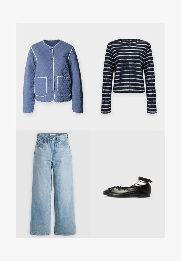 Chaqueta acolchada azul con ribete a rayas blancas, cuello redondo, botones a presión delanteros y dos grandes bolsillos frontales.; Jersey de manga larga en azul marino y blanco con un patrón de rayas horizontales en zigzag y un escote redondo sobre un fondo liso.; Vaqueros de pierna ancha de color azul claro con una cintura alta, confeccionados en tejido de denimbre. Presentan un diseño clásico de cinco bolsillos y herrajes metálicos.; Zapatos planos tipo ballet de charol negro con punta redondeada, diseño con cordones y suela plana. Textura lisa con detalles mínimos.