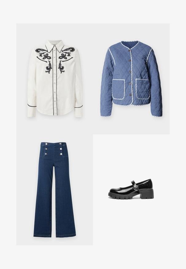 Gesteppte blaue Jacke mit weiß gestreiften Besätzen, rundem Ausschnitt, vorderen Druckknöpfen und zwei großen Fronttaschen.; Weißes Baumwollhemd mit schwarzer floralem Stickerei auf der Brust, schwarzem Piping entlang des Kragens und der Manschetten sowie einer Knopfleiste.; Dunkelblaue Jeans mit weitem Bein und hoher Taille, vorne am Bund mit sechs silbernen Knöpfen in zwei senkrechten Reihen angeordnet.; Schwarzer lackleder Mary Jane Schuh mit einem klobigen Absatz, runder Spitzenform und einem Riemen mit einer herzförmigen Schnalle.