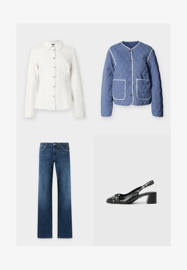 Veste bleue matelassée avec bordure rayée blanche, encolure ronde, boutons-pression à l'avant et deux grandes poches frontales.; Chemise en denim blanc avec col, manches longues et fermeture à boutons sur le devant. Comprend une poche poitrine unique et des boutons argentés en guise d'accents.; Jean bleu foncé à coupe droite avec cinq poches, fermeture par bouton métal et petits clous argentés le long des bords des poches avant.; Sandale à talon en cuir noir avec un bout pointu, une sangle texturée ornée d'accents métalliques circulaires et un talon empilé.