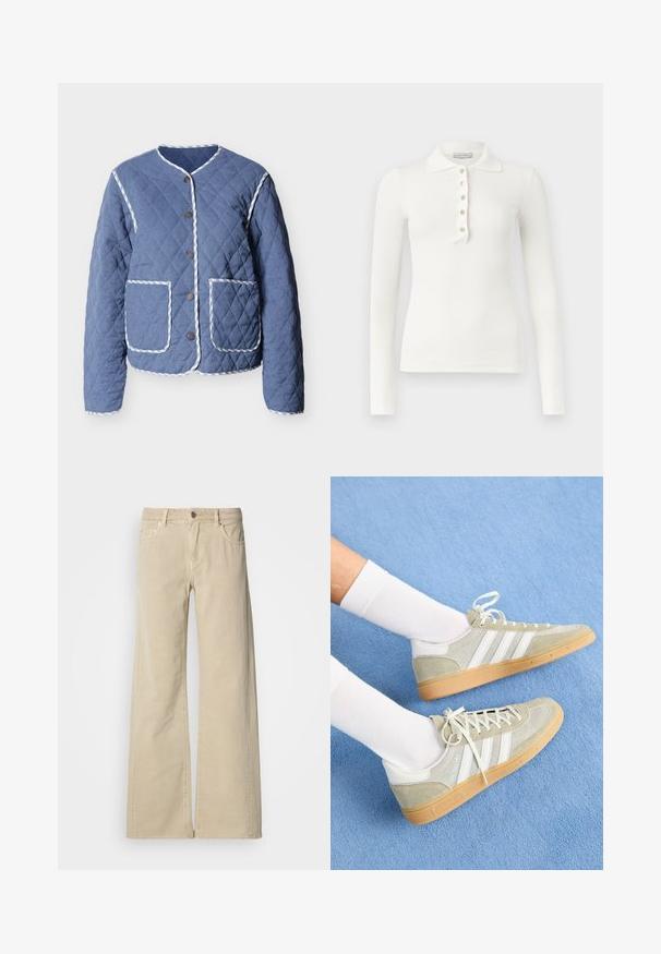 Quiltet blå jakke med hvidstribet kant, rund halsudskæring, trykknapper foran og to store forlommer.; Hvid langærmet, ribstrikket polo med fem knapper og en slå-krave på en ensfarvet baggrund.; Beige højtaljede bukser med vide ben, forrest med knap, lynlås, bæltestropper og stil med fem lommer.; Lys grå ruskinds sneakers med hvide gummidetaljer, der har tre hvide striber og en gummisål, båret med hvide sokker på en blå baggrund.