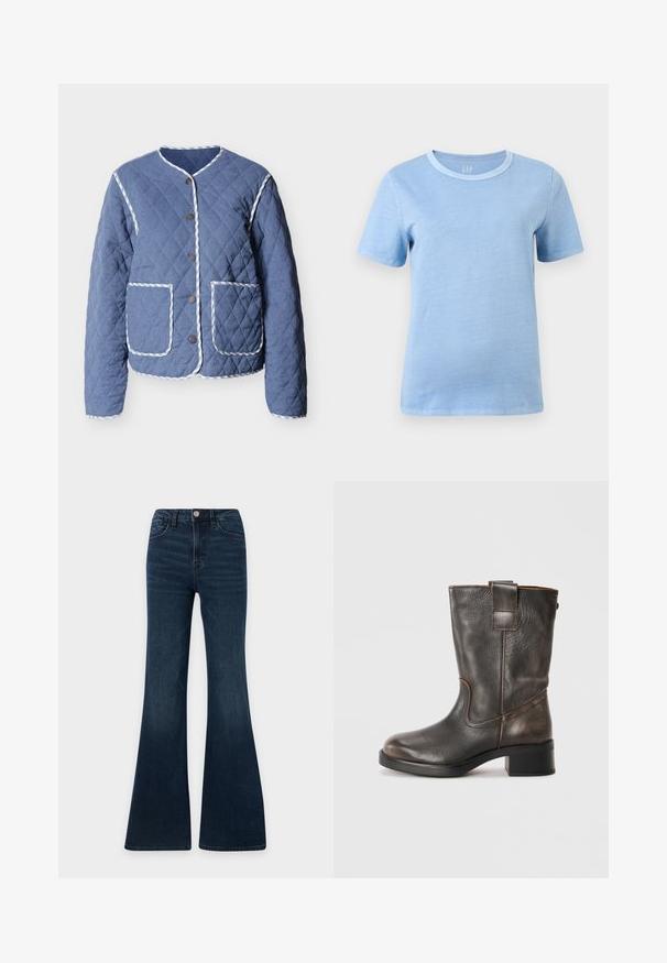 Veste bleue matelassée avec bordure rayée blanche, encolure ronde, boutons-pression à l'avant et deux grandes poches frontales.; T-shirt bleu clair à manches courtes et col rond, avec un col bleu légèrement plus foncé, présenté sur un fond blanc uni.; Jean en denim bleu foncé taille haute avec coupe évasée, fermeture devant par bouton et zip, poches devant et derrière.; Bottines en cuir brun avec un bout arrondi, des coutures discrètes, un tirant décoratif et un petit talon carré. Texture lisse, design minimal.