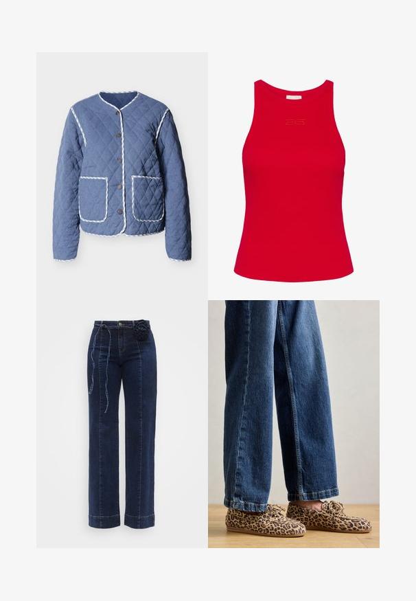 Gewatteerd blauw jack met wit gestreepte biezen, ronde hals, drukknoopsluiting aan de voorkant en twee grote voorzakken.; Rode geribbelde tanktop met een hoge halslijn en een aansluitende pasvorm. Bevat een subtiele geborduurde logo aan de voorkant. Soepele textuur.; Donkere blauwe wijde denimbroek met een gestructureerde afwerking, voorzien van een knoopsluiting, riemlussen en een decoratieve bloemaccent op de taille.; Luipaardprint loafers van suede, met een ronde neus, vetersluiting en platte, flexibele zolen, gecombineerd met blauwe jeans.
