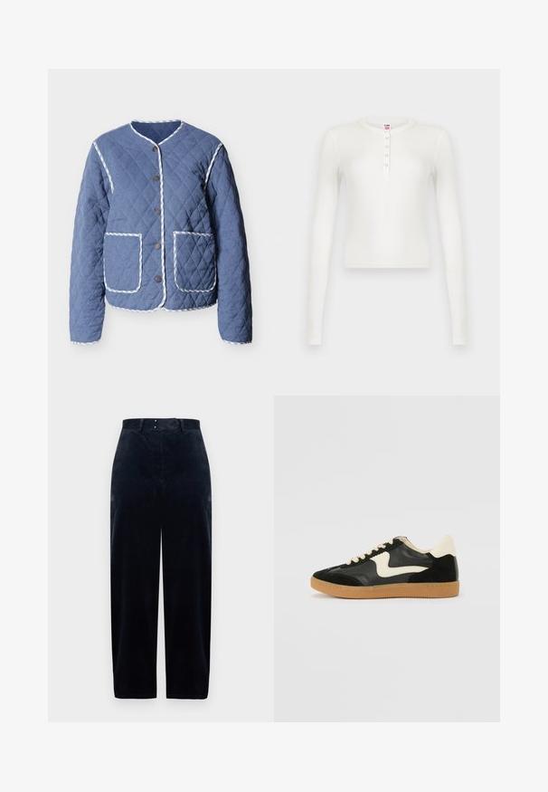 Veste bleue matelassée avec bordure rayée blanche, encolure ronde, boutons-pression à l'avant et deux grandes poches frontales.; Haut blanc à manches longues en tricot côtelé avec col rond et patte de boutonnage munie de cinq petits boutons, présenté sur un fond blanc.; Pantalon en velours côtelé bleu marine avec taille haute, jambes droites et deux poches avant. Doté d'une fermeture par bouton et glissière. Tissu texturé.; Baskets en daim et cuir noir avec un swoosh latéral crème et un talon crème clair. Dotées de lacets beige et d'une semelle en caoutchouc gomme.