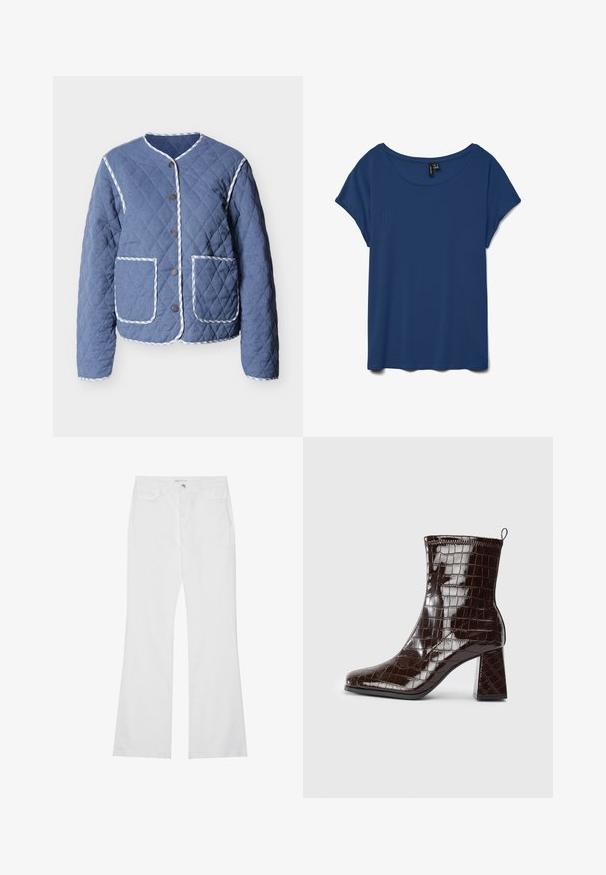Chaqueta acolchada azul con ribete a rayas blancas, cuello redondo, botones a presión delanteros y dos grandes bolsillos frontales.; Blusa azul marino de manga corta con un amplio escote redondo y un corte holgado sobre fondo blanco.; Jeans de campana blancos en denim de algodón, con dos bolsillos frontales, una cremallera y un botón de metal. Textura suave con detalles mínimos.; Botín de tobillo de charol marrón oscuro con textura de cocodrilo, tacón cuadrado y asa en la parte posterior, sobre fondo blanco.