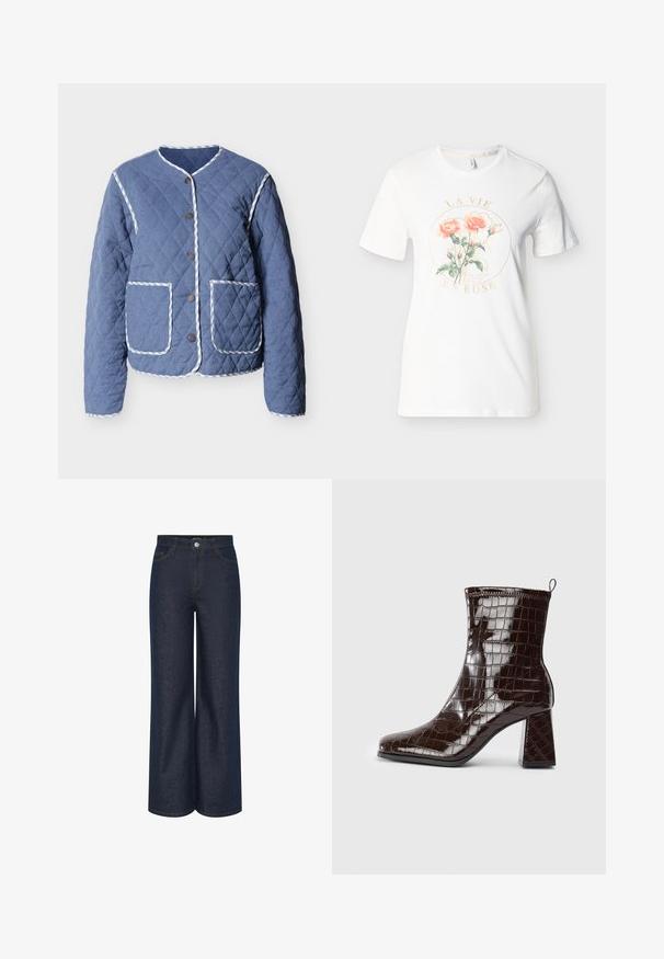 Chaqueta acolchada azul con ribete a rayas blancas, cuello redondo, botones a presión delanteros y dos grandes bolsillos frontales.; Camiseta blanca de manga corta con cuello redondo, que muestra dos rosas durazno y tallos verdes dentro de un círculo con el texto "LA VIE EN ROSE".; Jeans de mezclilla oscura de pierna ancha con cintura alta, con detalles de costura visibles en dorado contrastante y bolsillos delanteros y traseros. Diseño clásico de cinco bolsillos.; Botín de tobillo de charol marrón oscuro con textura de cocodrilo, tacón cuadrado y asa en la parte posterior, sobre fondo blanco.