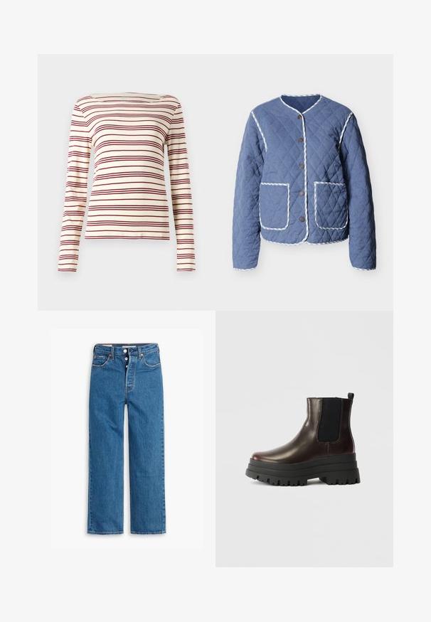 Quiltet blå jakke med hvidstribet kant, rund halsudskæring, trykknapper foran og to store forlommer.; Langærmet top i creme med maroon vandrette striber; bådudskæring; blødt stof; tætsiddende design med let stræk.; Blå denim lige ben jeans med høj talje, fem lomme design og knaplukning. Markante syninger og kobberfarvede nitter.; Brun læder ankelstøvle med elastiske sidepaneler, chunky sort platformssål og pull tab. Har en glat overflade og robust mønster.