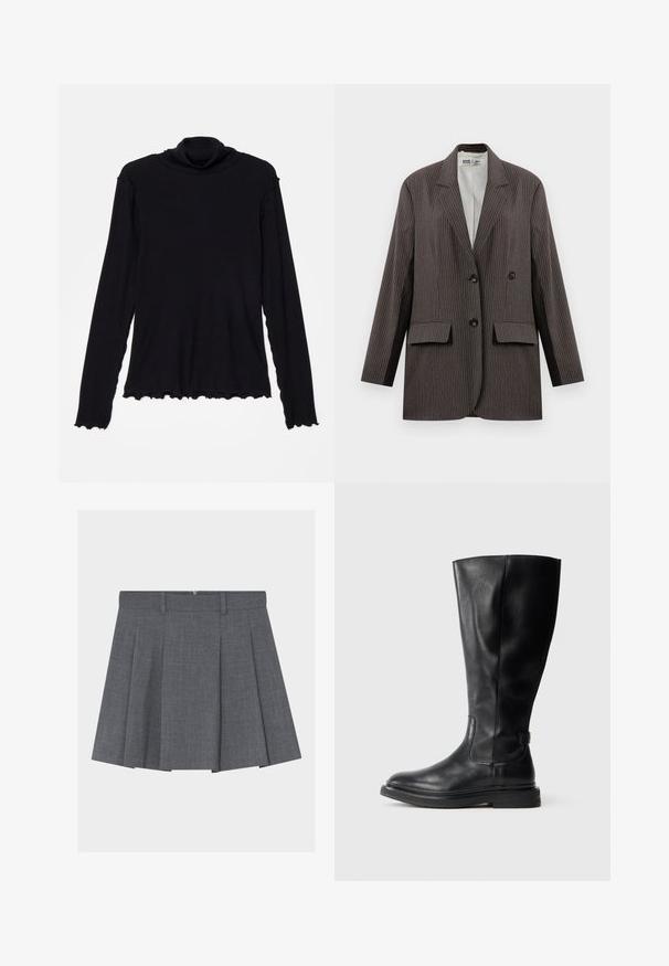 Blazer de rayas en gris oscuro, con un diseño de doble botonadura, dos bolsillos frontales y solapas con muesca, con botones negros.; Rodebjer CISNE - Camiseta de manga larga - black; Falda plisada gris con cinturilla y trabillas, presentada extendida sobre un fondo blanco.; Bota de cuero negro hasta la rodilla con punta redondeada, parte superior ligeramente texturizada y suela de goma. Presenta un panel lateral para facilitar el calzado.