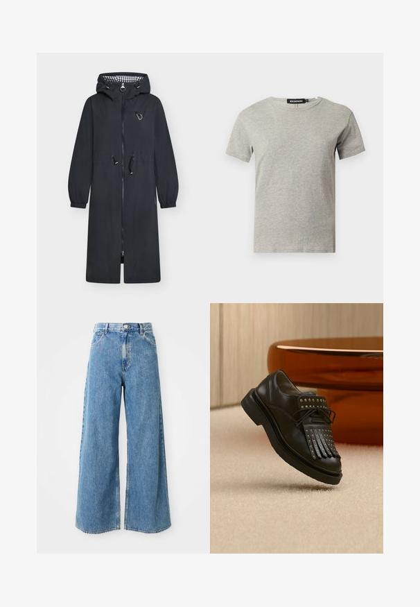 Long imperméable noir à capuche avec fermeture éclair devant, poignets élastiques, cordons ajustables à la taille et à la capuche, et doublure intérieure à carreaux.; T-shirt en coton gris clair à manches courtes et col rond avec une étiquette noire visible à l'intérieur du col indiquant "DENIM" et la taille "S."; Jean en denim léger bleu clair à taille haute, avec fermeture à boutons et à glissière à l'avant, et poches avant sur fond blanc.; Chaussure en cuir noire à lacets avec franges décoratives et clous métalliques posée sur un tapis beige près d'un meuble marron.