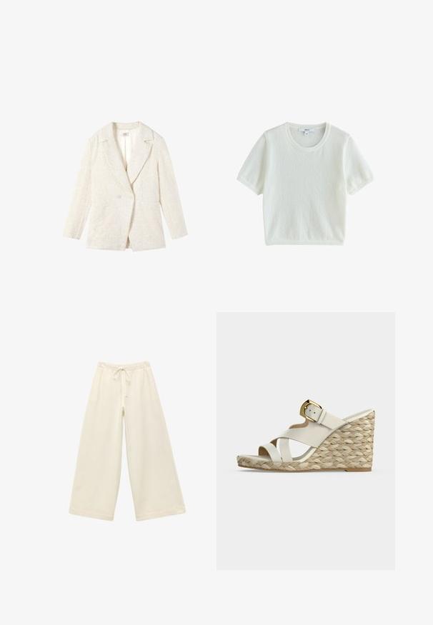 Blazer texturizado de color crema con mangas largas, solapas con muesca, dos botones frontales y dos bolsillos delanteros, colocado plano sobre un fondo blanco.; Top blanco de punto peludo de manga corta con escote redondo y bajo cropped, etiquetado por la marca "NEXT."; Pantalones amplios color crema con cinturilla elástica y cordón. Textura suave, hasta la rodilla, con un corte holgado y sin patrones visibles.; Sandalia blanca de cuña con plataforma de yute trenzado, tiras frontales cruzadas y una correa para el tobillo con hebilla dorada sobre un fondo gris claro.
