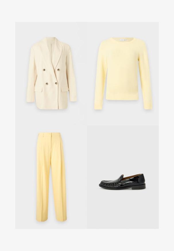 Kremfarvet dobbeltradet blazer med notch reverser, fire metal knapper, lange ærmer og to forlommer med klap på ensfarvet baggrund.; Lysegul langærmet strikket sweater med rund halsudskæring og ribstrikkede manchetter og kant, vist på en ensfarvet lysegrå baggrund.; Lysegule højtaljede bukser med knap- og lynlåslukning, lige brede ben og fladt frontdesign.; Sorte patentlæder loafers med frangesmykning på fronten og rund tå. Sålen er flad og tekstureret for godt greb.