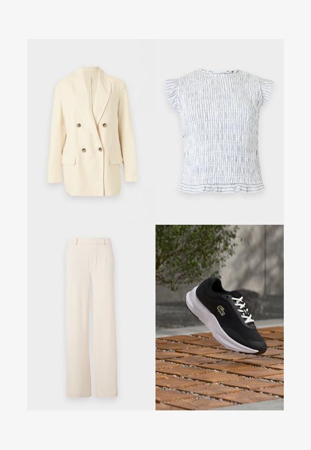 Blazer crème croisé avec revers à cran, quatre boutons métalliques, manches longues et deux poches à rabat devant sur fond uni.; Blouse à manches courtes à rayures verticales blanches et bleu clair, avec manches et ourlet volantés, tissu texturé et encolure ronde avec fermeture par bouton.; Pantalons larges de couleur beige clair avec plis avant, texture lisse et poches latérales. Fabriqués dans un tissu doux avec un design ajusté.; Chaussure de sport noire et blanche avec logo de crocodile, lacets blancs, suspendue au-dessus d'une surface extérieure en bois et galets avec un arrière-plan flou.