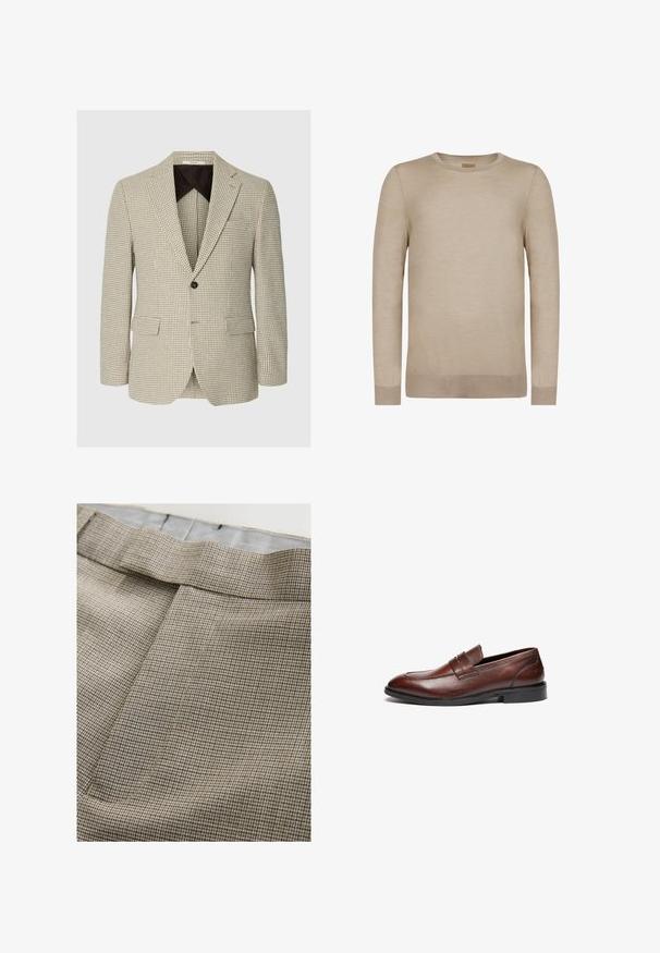 Beige og brun hundetandsmønstret herreblazer med hakkede slag, enkelt sort knaplukning og forlommer med klap.; Beige langærmet crewneck-trøje med ribstrikkede manchetter og kant, sømløst design og blødt strikket stof.; Brun og beige ternet stof af skræddersyede bukser med en flad front, glat tekstur og en linning med skjult lukning.; Brune læder loafers med en glat finish, rund tå, dekorativ rem og sort gummisål. Har minimal syning detaljer.