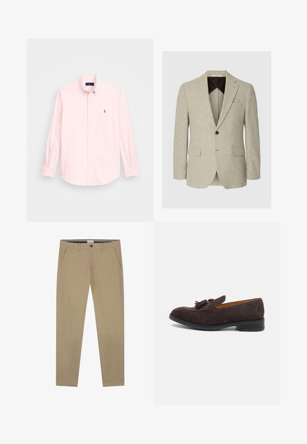 Beige en bruine herenblazer met houndstooth patroon, met inkeping revers, enkele zwarte knoopsluiting en voorzakken met klep.; Lichtroze overhemd met lange mouwen en een button-down kraag, voorzien van een klein geborduurd logo op de linkerborst, gemaakt van een soepele katoenstof.; Beige chino's gemaakt van zachte katoen, met een recht model, een enkele knoopsluiting en twee zijzakken. Subtiele stikseldetails.; Paul Smith LAWSON - Instappers - brown