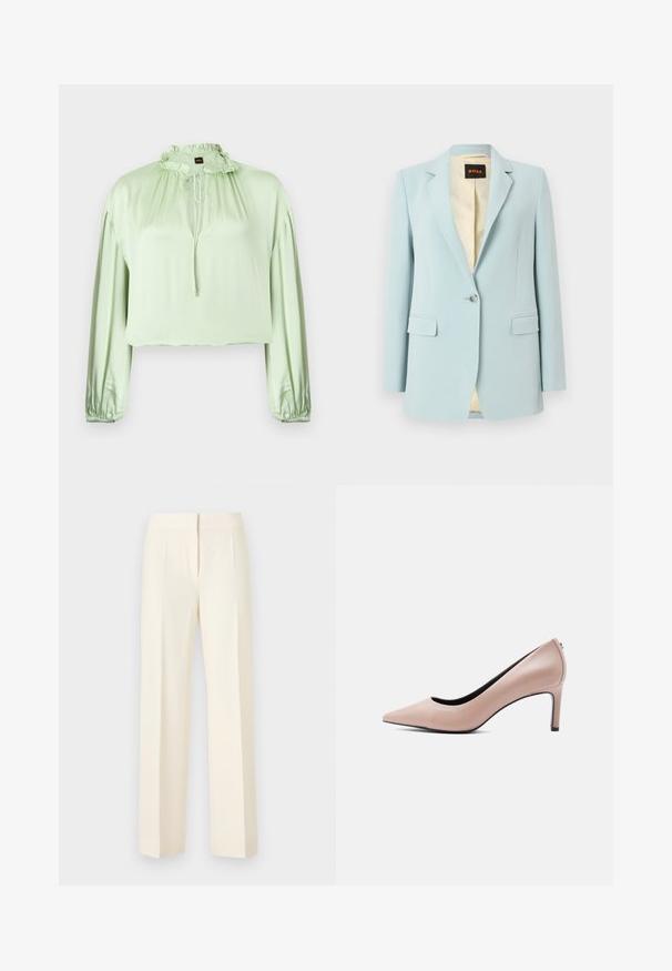 Blazer bleu clair à bouton unique avec revers crantés, poches à rabat et doublure intérieure beige à motif.; Blouse vert clair à manches longues avec col montant à volants et fermeture par lien, poignets froncés et tissu lisse légèrement brillant.; Pantalon droit sur mesure couleur blanc cassé avec pli avant, ceinture et fermeture avant dissimulée sur un fond uni.; Chaussure à talon haut beige à bout pointu avec un talon aiguille mince sur un fond blanc uni.