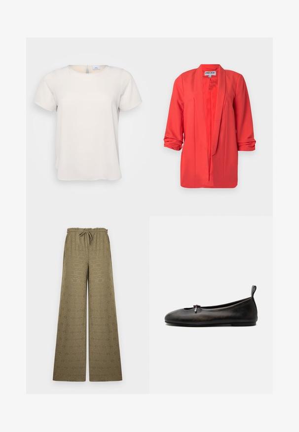 Koralfarvet blazer med åben front og rynkede trekvartærmer, notch reverskrave og glat stof fra mærket Pieces.; Kortærmet, rundhalset top i lys beige stof med en glat tekstur; har en nøglehulsdetalje på ryggen og en afslappet pasform.; Khakifarvede bukser med vide ben og hulmønster, elastisk talje og snøre, vist mod en enkel lys baggrund.; Mørkebrun læder balletsko med en lille sløjfe på toppen og en trækfane ved hælen, vist fra siden på en hvid baggrund.
