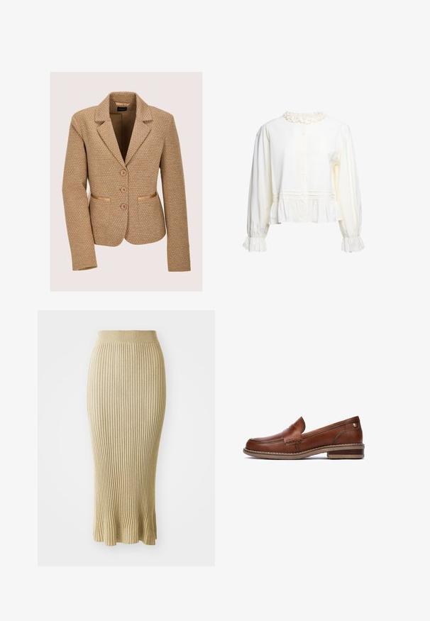 Beige blazer met een gestructureerd ontwerp, voorzien van drie knopen, twee voorzakken en een reverskraag.; Wit blouse met lange mouwen, met ruches aan kraag en manchetten, knoopsluiting aan de voorkant en een geplooide peplumzoom.; Gebreide potloodrok in lichtbeige, met verticale ribbels, een aansluitende taille en een uitlopende zoom met subtiele afwerkingen aan de onderkant.; Bruine lederen loafers met gestikte details, een lage hak en een gestructureerde rubberen zool. Heeft een kleine gouden accent nabij de hak.