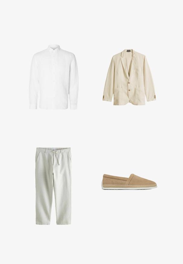 Herren-Blazer in Cremeton mit Kerbkragen, zwei vorderen Knöpfen, aufgesetzten Taschen und geknöpften Manschetten, präsentiert vor weißem Hintergrund.; Weißes Langarmhemd aus Leinen mit Button-Down-Kragen, vorderen Knöpfen und einer lässigen Passform mit geraden Manschetten.; Helle beige Freizeithosen mit Kordelzug am Bund, Seitentaschen, Gürtelschlaufen und geraden Beinen.; Beiger Slip-On Freizeitschuh mit Wildlederoberteil, geflochtenem Jutebesatz rund um die Sohle und weißer Gummisohle.