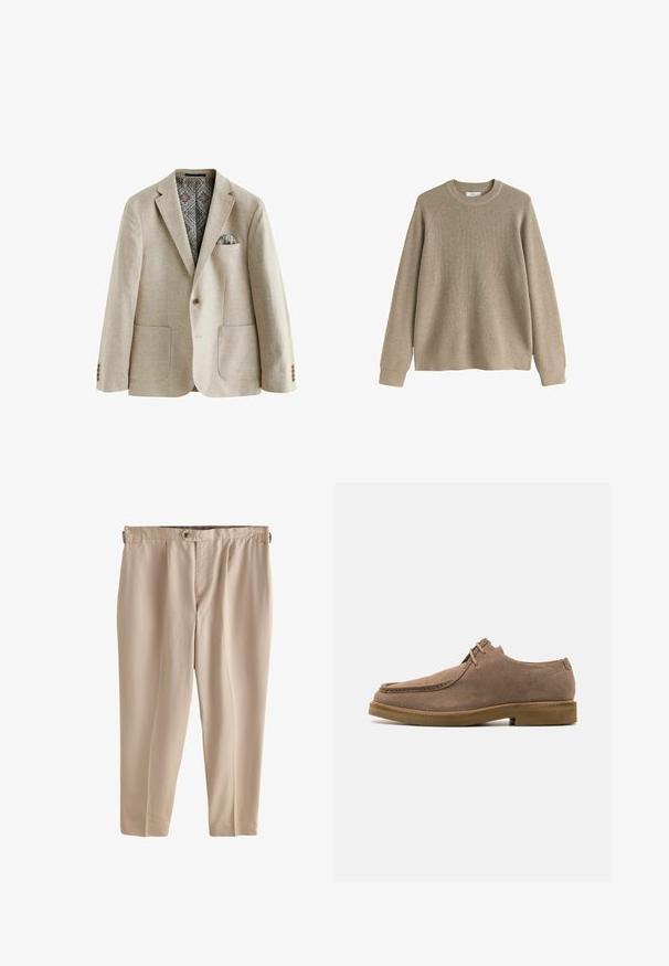 Beiger Blazer mit Reverskragen, zwei aufgesetzten Taschen, dreiknöpfigen Manschetten und einem gemusterten Innenfutter mit blauen und braunen Details.; Beigefarbener, langärmliger Rundhals-Strickpullover mit gerippter Struktur und Bündchen, auf weißem Hintergrund gezeigt.; Beige, leichte Hose mit lockerem Schnitt, ausgestattet mit Bundfalten und einem einzelnen Knopfverschluss an der Taille. Glatte Textur, verkürzte Länge.; Zign by Zalando LEATHER - Sportlicher Schnürer - taupe