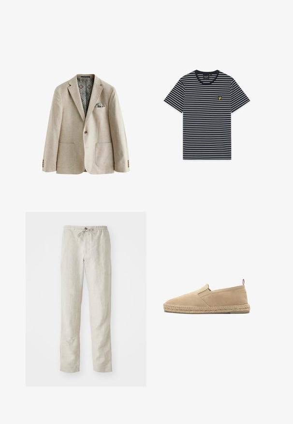Beige blazer med en slidset krave, to påsyede lommer, manchetter med tre knapper og et mønstret inderskud med blå og brune detaljer.; Marineblå T-shirt med korte ærmer, tynde hvide horisontale striber og en lille gul fuglelogo på venstre bryst.; Lys beige linnedragt med lige ben, elastisk talje, justerbar snor og ingen synlige mønstre eller metaldele.; Beige lærred slip-on espadrille med syet jute sål og lille stof trække-flig ved hælen, vist i sideprofil på hvid baggrund.