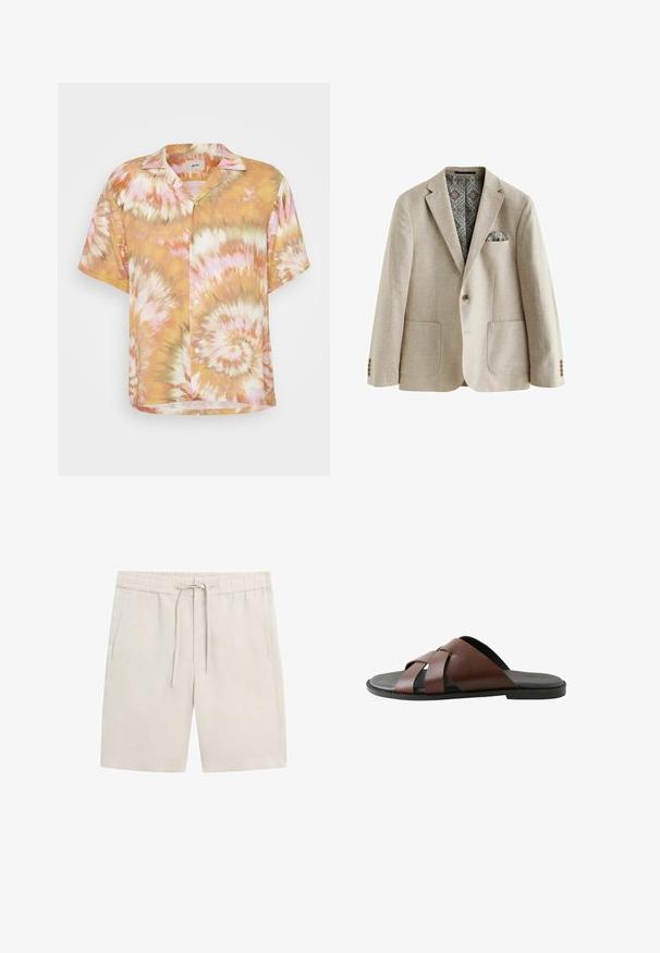 Beige blazer med en slidset krave, to påsyede lommer, manchetter med tre knapper og et mønstret inderskud med blå og brune detaljer.; Korteærmet skjorte med knaplukning i tie-dye mønster med orange, pink og grønne swirling. Fremstillet af letvægtsstof med en afslappet pasform.; Lyse beige casual shorts med elastik i taljen, snøre og sidelommer, designet til komfort og hverdagsbrug.; Herrebrun lædersandal med krydsede remme og sort sål, vist i profil mod hvid baggrund.