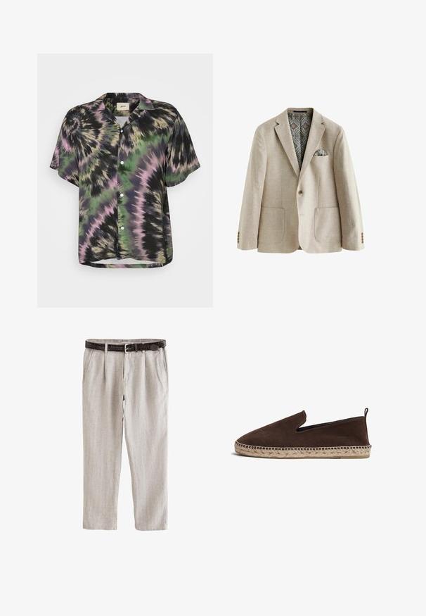 Beige blazer met een geknipt revers, twee telefoontasjes, manchetten met drie knopen en een gevoerde binnenkant met een patroon met blauwe en bruine details.; Korte mouwen knoopshirt in zwart, groen en roze tie-dye patroon. Heeft een ontspannen pasvorm en een klassieke kraag. Lichtgewicht stof.; Lichtbeige linnen broek met plooien, zijzakken en een donkerbruine geweven riem met zilveren gesp.; Bruine suède instappers met een jute touwzool, puntige neus en een klein lusje aan de achterkant.