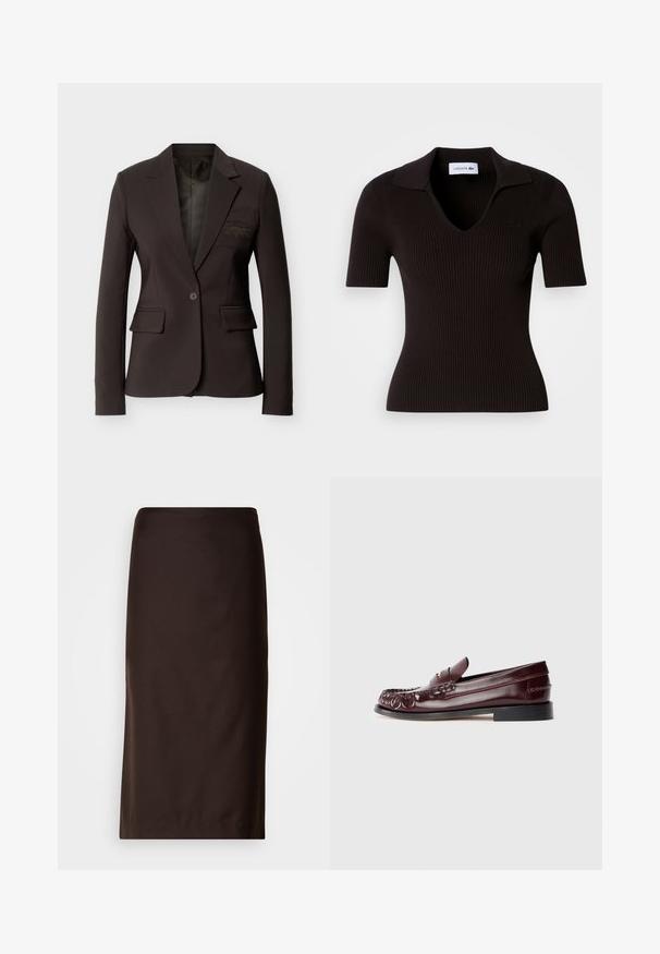 Mørkebrun skræddersyet blazer med enkeltknap, notched revers, klaplommer og diskret broderet logo på brystlommen.; Sort ribstrikket poloshirt med korte ærmer og V-hals design. Har diskret logo broderi på brystet. Glat strikket tekstur.; Brun blyantskørt, knælængde, lavet af glat stof. Har et enkelt design uden synlige mønstre eller pynt.; Burgunderfarvet læder penny loafer med sort sål og guldfarvet metal detalje på vamp, vist i sidevisning på hvid baggrund.