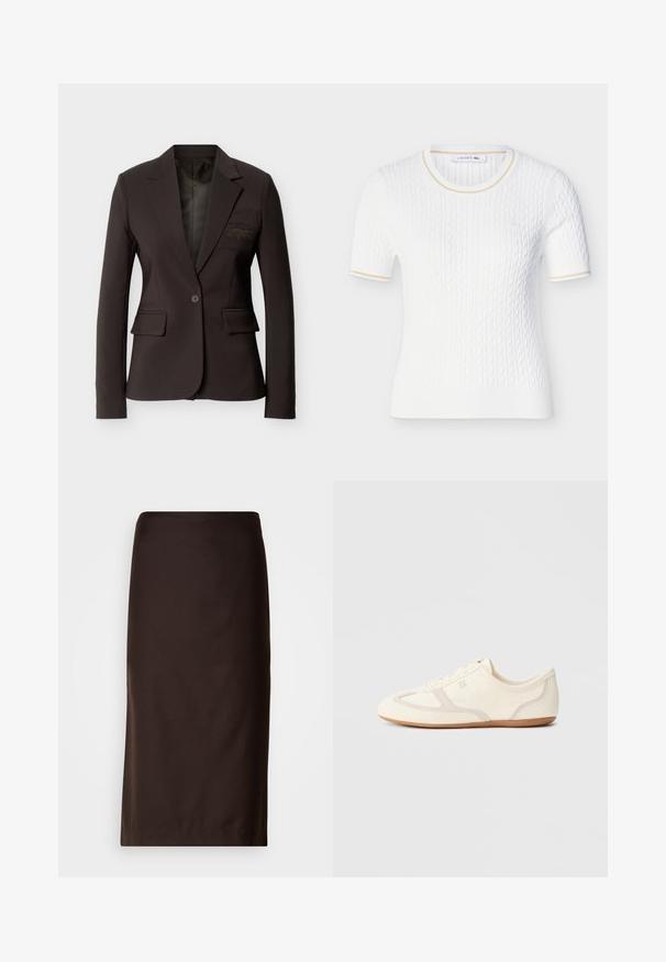 Mørkebrun skræddersyet blazer med enkeltknap, notched revers, klaplommer og diskret broderet logo på brystlommen.; Hvid kortærmet striktop med kabelmønster, rund halsudskæring, subtil beige kant ved krave og ærmekant samt lille broderet logo på brystet.; Brun blyantskørt, knælængde, lavet af glat stof. Har et enkelt design uden synlige mønstre eller pynt.; Sneakers i cremefarve med overdel i ruskind og stof, rundet tå og gummisål med beige detaljer. Snørelukning.