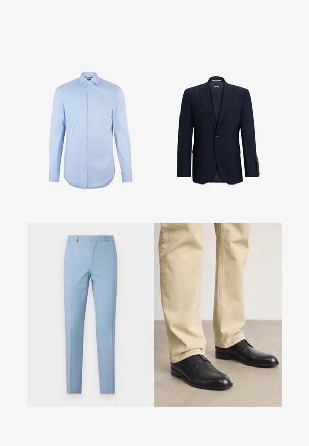 BOSS JECKSON - Sakko - Blue; Himmelblaues Langarmhemd aus Baumwolle mit spitzem Kragen, Frontknöpfen und abgerundetem Saum. Glatte Textur ohne Muster.; Helle blaue maßgeschneiderte Hose mit slim Fit, glatter Textur, Bundfalten, tailliertem Bund und Gürtelschlaufen. Keine sichtbaren Taschen.; Schwarze Leder Schnürschuhe mit runder Zehenform, glatter Oberfläche und dezenten Nähdetails, getragen mit hellbeigen Hosen.