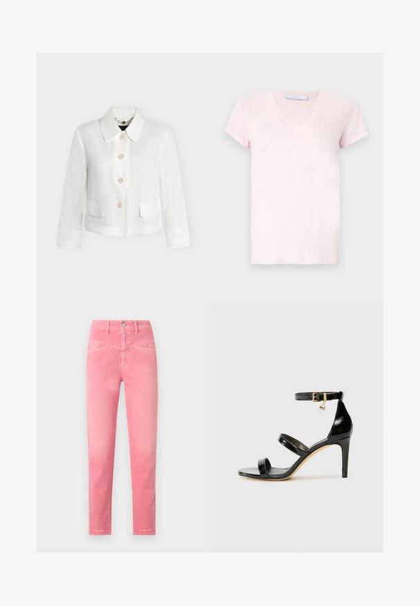 Veste blanche courte avec large col, quatre boutons devant, poches à rabat et manches longues sur fond uni.; T-shirt à manches courtes avec col en V, de couleur rose clair. Confectionné dans un tissu doux à la texture lisse. Design minimaliste, sans motifs ni détails supplémentaires.; Jean slim taille haute en rose vif avec poches avant, passants pour ceinture et fermeture par bouton métallique.; Sandale en cuir verni noir avec trois brides, boucle de cheville et talon aiguille de 10 cm. Présente un détail en métal doré et un charm logo.