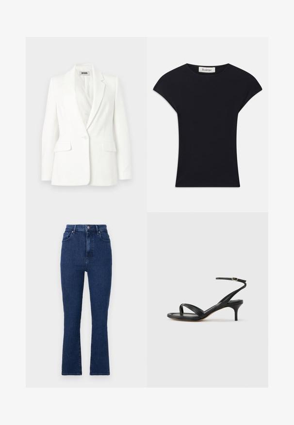 Weißer Ein-Knopf-Blazer mit Reverskragen, langen Ärmeln und zwei vorderen Pattentaschen, mit dem Label Drykorn.; Schwarzes Kurzarmoberteil aus weichem Stoff, mit einem runden Ausschnitt und einer figurbetonten Form, die subtile Schulterakzente setzt. Etikett sichtbar.; Dunkelblaue, hoch geschnittene Jeans aus Denimstoff mit geradem Bein, die vordere Taschen und einen Metallknopfverschluss aufweisen.; Schwarze Ledersandale für Damen mit dünnen Riemchen, einer Zehenlasche, einer Knöchelschnalle und einem mittelhohen Stöckelabsatz vor neutralem Hintergrund.