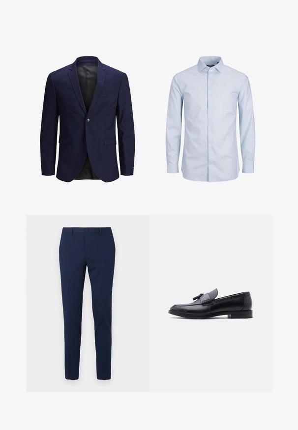 Blazer azul marino con cierre de un solo botón, solapas de muesca, dos bolsillos delanteros y una textura suave. El interior está forrado de negro.; Camisa de manga larga azul claro hecha de tela suave. Presenta un collar clásico, botones en la parte delantera y un dobladillo recto. Sin estampados ni acentos.; Pantalones de vestir color azul marino con diseño de pierna recta, hechos de un tejido suave. Cuentan con cierre frontal de botón y dos bolsillos laterales.; Mocasín de cuero negro con panel de tela gris texturizada y detalle de borlas, tacón bajo y punta redondeada, mostrado de perfil sobre fondo blanco.