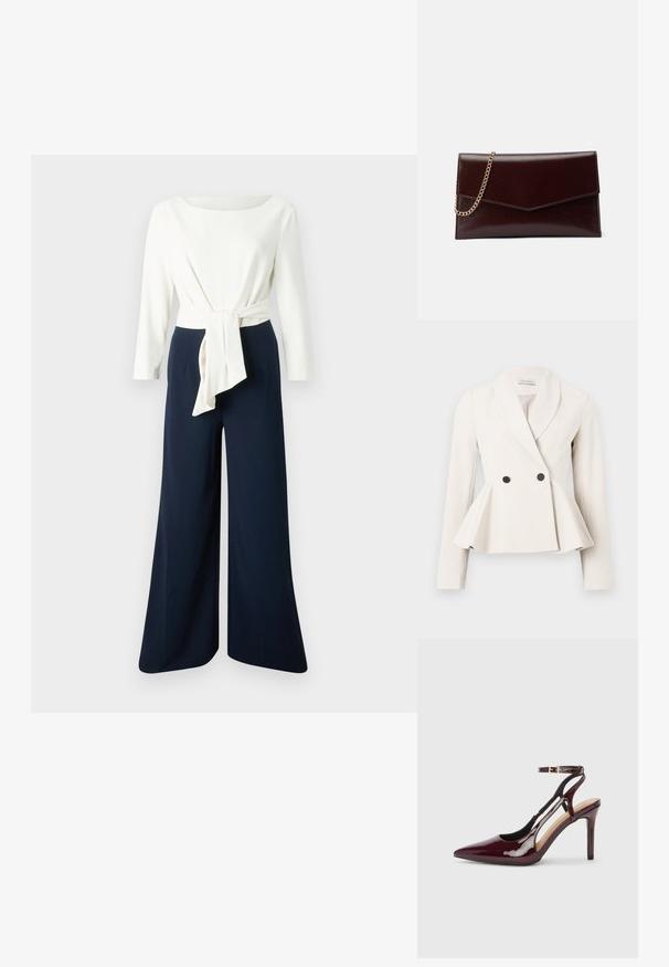 Blazer à basques en tissu crème avec un col à revers, une fermeture double boutonnage et des accents de boutons noirs. Manches longues avec une texture lisse.; Haut blanc à manches longues avec un détail de taille nouée, associé à un pantalon large bleu marine, présentant un tissu lisse et une silhouette décontractée.; Chaussure à talon haut en cuir verni bordeaux avec bout pointu, sangle de cheville et découpes sur les côtés. Fini élégant et brillant.; Sac à main en cuir de couleur bordeaux foncé avec un design en forme d'enveloppe. Il dispose d'une anse en chaîne dorée, d'une texture lisse et d'une fermeture en pointe.