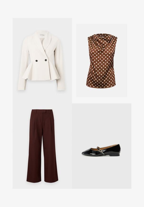 Peplum-blazer i lysekræmstoffer med opklippet krave, dobbeltradet forside og sorte knapdetaljer. Lange ærmer med glat tekstur.; Ærmeløs brun bluse med hvide polkaprikker, draperet høj krave og dekorative knapper på skuldrene.; Bukser med vide ben og høj talje i mørkebrun med bæltestropper og forreste læg, vist på en ensfarvet hvid baggrund.; Sorte patenterede lædersko med spids tå, ankelrem med en guldfarvet spænde og en lav blokhæle. Glat, skinnende overflade.