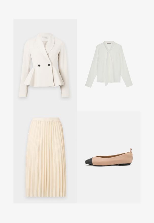 Blazer à basques en tissu crème avec un col à revers, une fermeture double boutonnage et des accents de boutons noirs. Manches longues avec une texture lisse.; Blouse blanche à manches longues en tissu lisse, avec un nœud au cou et des poignets ajustés. Design simple et classique sans motifs.; Jupe midi plissée de couleur crème avec une ceinture ajustée, suspendue droite sur un fond uni.; Ballerine en cuir avec un corps nude et un bout noir. Présente un design minimal, une texture lisse et une petite boucle au dos pour un enfilage facile.
