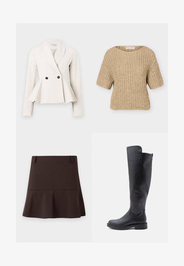 Blazer à basques en tissu crème avec un col à revers, une fermeture double boutonnage et des accents de boutons noirs. Manches longues avec une texture lisse.; Pull beige à manches courtes en maille épaisse avec un col rond et une texture côtelée, étiqueté Marc O'Polo.; Mini-jupe évasée marron en tissu lisse, avec une taille ajustée et des détails de couture subtils. Design simple sans motifs.; Botte en cuir noire montante avec une texture lisse, bout rond, couture discrète et semelle en caoutchouc durable et basse.