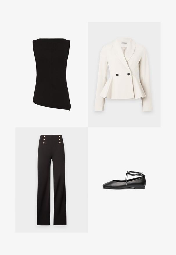 Blazer à basques en tissu crème avec un col à revers, une fermeture double boutonnage et des accents de boutons noirs. Manches longues avec une texture lisse.; Haut noir sans manches avec un ourlet asymétrique et une silhouette ajustée, vu de dos sur fond blanc.; Pantalon noir taille haute à jambes larges avec six boutons décoratifs dorés disposés en deux rangées verticales près de la taille.; Ballerines noires en cuir avec un bout pointu, un talon plat et un détail de lacet autour de la cheville. Texture lisse, design minimaliste.